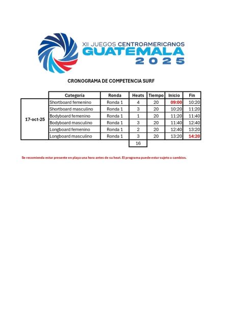 Cronograma del Surf en @jcaguatemala2025