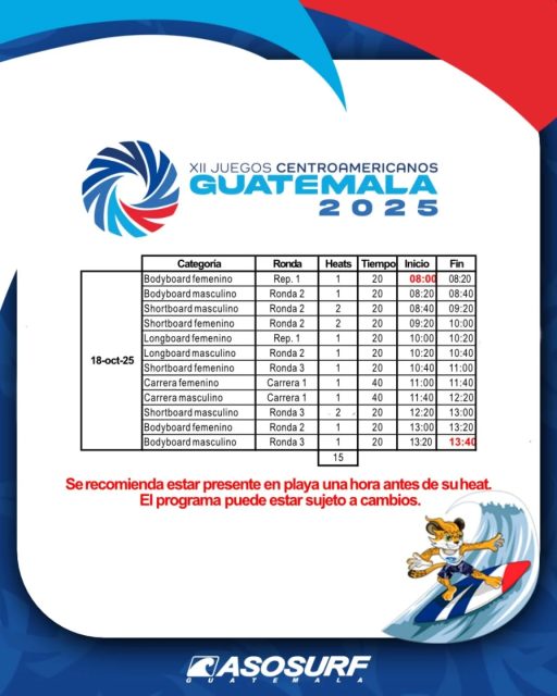 Cronograma para mañana en los @jcaguatemala2025 en la disciplina del Surf