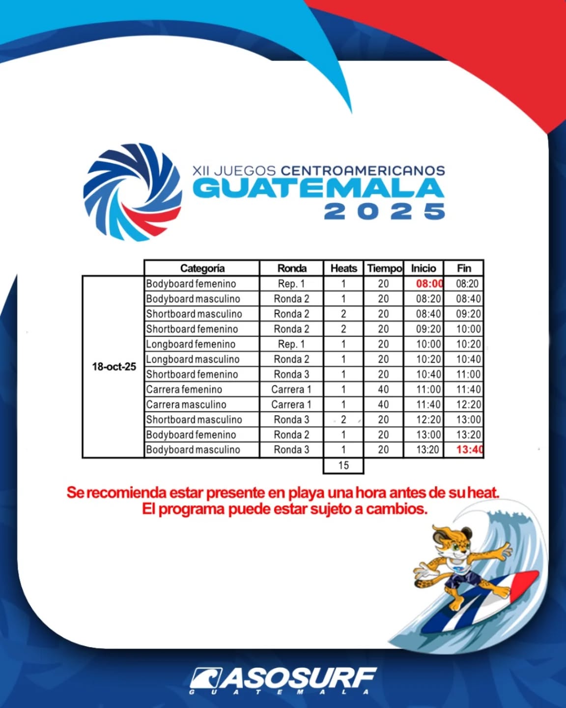 Cronograma para mañana en los @jcaguatemala2025 en la disciplina del Surf