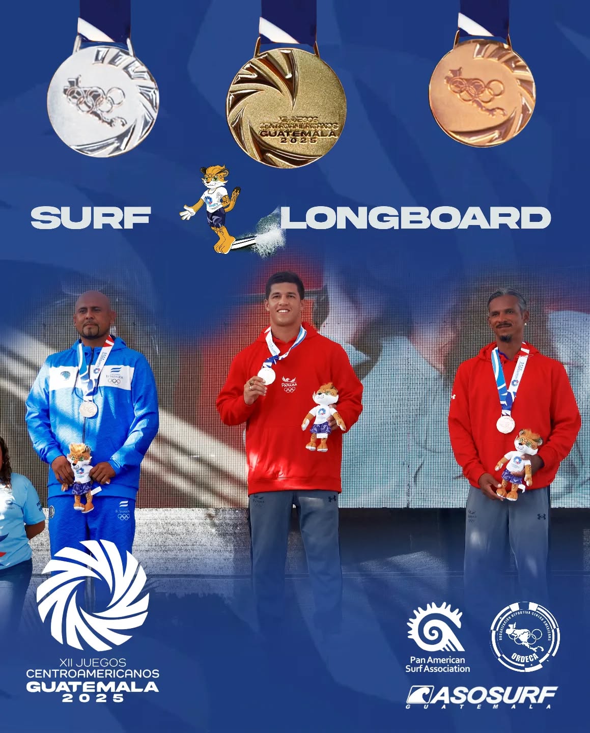 Medallistas de la Longboarda Masculino: Oro para @agus.cedeno de @surf_aps , Plata para @amadolb de @fesasurf y Bronce para Edwin Pérez de @surf_aps 

@jcaguatemala2025 @canocsport @odesur @centrocaribesports @odeboprensa @odesur @panamsports @santodomingo2026 @bolivarianos2025 @acodepaoficial