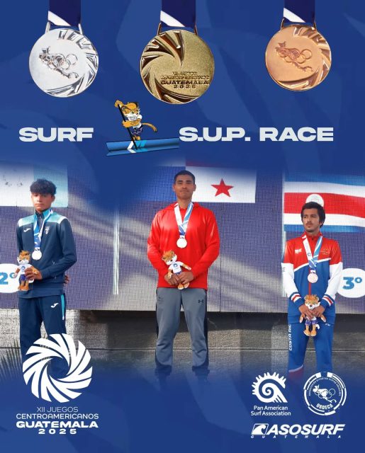 Medallistas en la Sup Race Men El Oro para @edonays de @surf_aps , Plata para @solares.emerson y Bronce para @carlo_arias_ de @fedesurfcr 

@jcaguatemala2025 @centrocaribesports @panamsports @canocsport @odeboprensa @odesur @juegosolimpicos @santodomingo2026 @bolivarianos2025