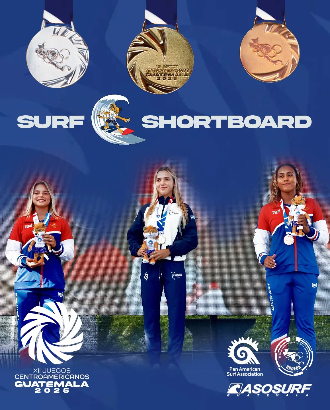 Medallistas en el Shortboard Femenino: Oro para @cande_resano de @fedesurfnica , Plata para @rachel.aguero de @fedesurfcr y Bronce para @erikaa_berra de @fedesurfcr 

@comiteolimpicocr @conicaragua @panamsports @jcaguatemala2025 @odeboprensa @odesur @centrocaribesports @canocsport @santodomingo2026 @bolivarianos2025 @juegosolimpicos