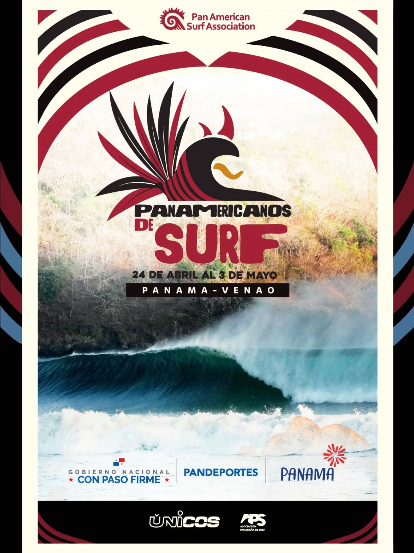 La cuenta regresiva empieza ahora 🌊🔥

Los mejores surfistas del continente vuelven a reunirse en la mágica costa panameña. Playa Venao será el escenario de una nueva edición de los Pan American Surfing Games.

Serán diez días para representar a la bandera con orgullo, celebrar el crecimiento del surf en la región y compartir el verdadero espíritu del surf.

Nos vemos en Playa Venao. 🇵🇦

Auspician:
Gobierno Nacional de Panamá, Pandeportes, Únicos y Asociación Panameña de Surf.